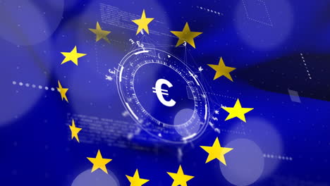 Animation-of-euro-symbol-and-data-over-flag-of-european-union