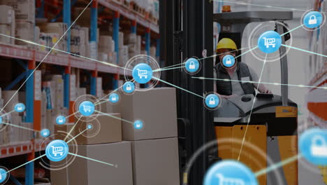 Animation-of-network-of-connections-with-shopping-trolley-icons-and-caucasian-man-in-warehouse