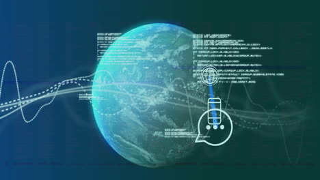 Animation-Von-Datenverarbeitungs--Und-Social-Media-Symbolen-über-Dem-Globus-Auf-Schwarzem-Hintergrund