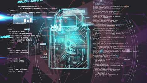 Animation-of-padlock-and-data-processing-over-circuit-board