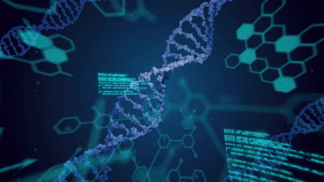 Animación-De-Elementos-Y-Procesamiento-De-Datos-Sobre-Hebras-De-Adn-Sobre-Fondo-Oscuro