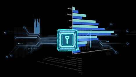 Animation-of-data-processing,-key-icon-and-circuit-board-over-dark-background