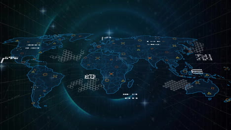 Animación-Del-Mapa-Mundial-Con-Procesamiento-De-Datos-Sobre-Círculos-Sobre-Fondo-Negro