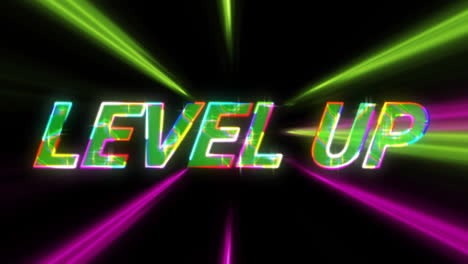 Animation-of-level-up-text-over-neon-light-trails-on-black-background