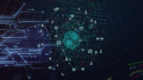 Animation-of-circuit-board-and-digital-data-processing-over-globe-on-black-background