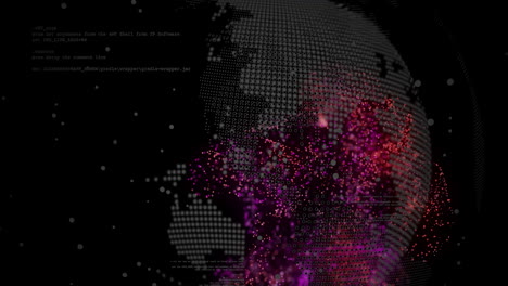 Animation-of-globe-with-data-processing-over-light-spots-on-black-background