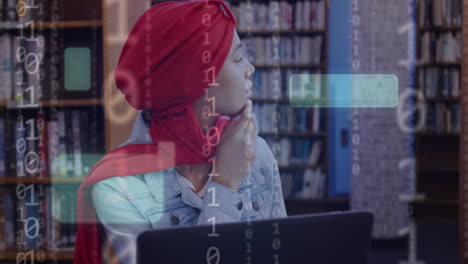 Animation-of-ai-text-and-data-over-biracial-female-student-in-hijab-with-laptop