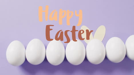 Animation-of-happy-easter-text-over-white-eggs-on-purple-background