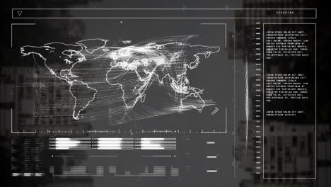 Animación-Del-Procesamiento-De-Datos-Y-Mapa-Mundial-Sobre-El-Fondo-Del-Paisaje-Urbano