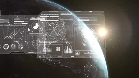 Animación-Del-Procesamiento-De-Datos-Financieros-Sobre-El-Mundo-Sobre-Fondo-Oscuro