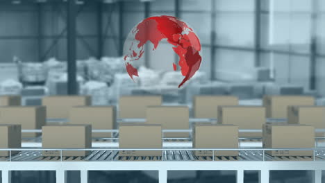 Animation-of-globe-and-data-processing-over-cardboard-boxes-on-conveyor-belts