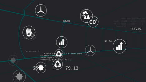 Animación-De-Iconos-Ecológicos-Y-Procesamiento-De-Datos-Sobre-Fondo-Negro