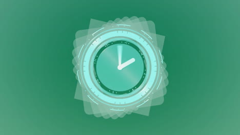 Animation-of-clock-moving-over-shapes-on-green-background