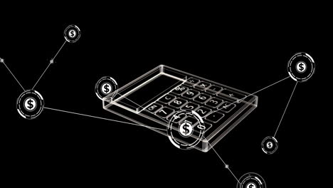 Animación-Del-Símbolo-Del-Dólar-Americano,-Conexiones-Y-Calculadora-Sobre-Fondo-Negro