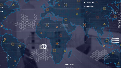 Animation-of-financial-data-processing-and-world-map-over-desk-in-office