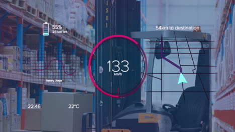 Animation-of-eco-icons-and-speedometer-data-processing-over-warehouse