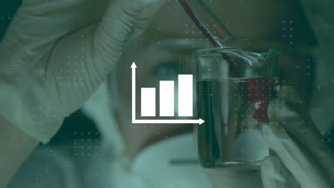 Animación-De-Estadísticas-Y-Procesamiento-De-Datos-Sobre-Una-Científica-Caucásica-Sosteniendo-Un-Vaso-De-Precipitados