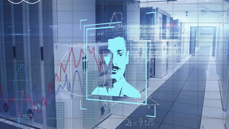 Animation-Eines-Biometrischen-Fotos-Und-Digitale-Datenverarbeitung-über-Computerserver