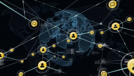 Animation-of-network-of-connections-with-icons-over-globe