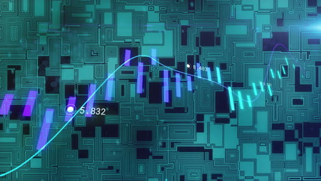 Animation-Der-Verarbeitung-Finanzieller-Daten-über-Platinenhintergrund