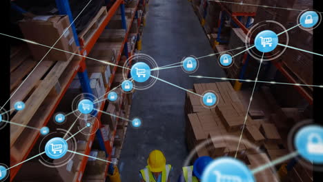 Animation-of-network-of-connections-with-icons-over-men-working-in-warehouse