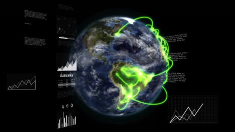 Animation-Der-Digitalen-Datenverarbeitung-über-Dem-Globus-Auf-Schwarzem-Hintergrund