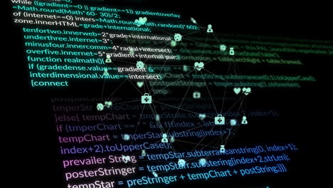 Animation-of-data-processing-and-globe-with-icons-over-dark-background