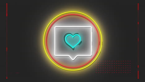 Animation-of-spots-and-neon-heart-icon-over-black-background