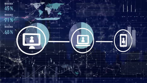 Animation-Eines-Verbindungsnetzwerks-Mit-Symbolen-Und-Statistiken-Auf-Dunklem-Hintergrund