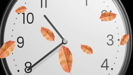 Animation-of-autumn-leaves-falling-over-clock