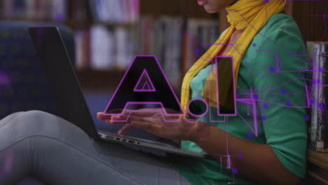 Animation-of-ai-text-and-data-over-biracial-female-student-in-hijab-with-laptop