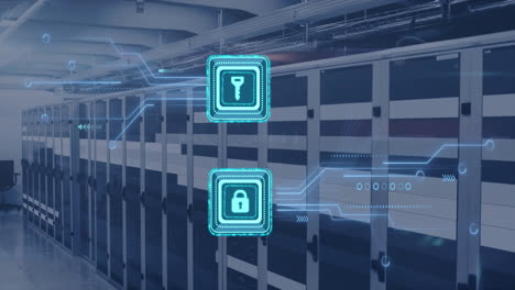 Animation-of-digital-data-processing,-padlock-and-key-icons,-circuit-board-and-computer-servers