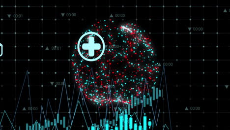 Animation-Der-Verarbeitung-Finanzieller-Daten,-Symbole-über-Einem-Globus-Mit-Verbindungen