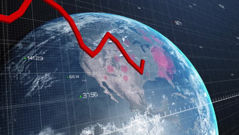 Animación-De-Línea-Roja-Y-Procesamiento-De-Datos-Digitales-Sobre-El-Mundo