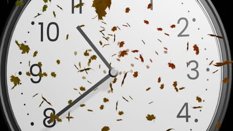 Animation-of-autumn-leaves-falling-over-clock