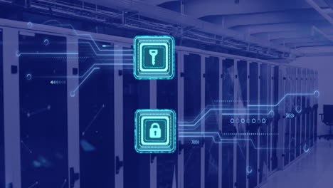 Animation-of-digital-data-processing,-padlock-and-key-icons,-circuit-board-and-computer-servers