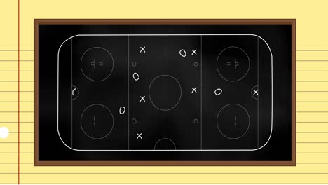 Animation-of-ice-hockey-sports-field-with-tactics-and-strategy-drawings-on-ruled-paper-background