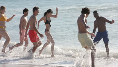 Diversos-Amigos-Disfrutan-De-Un-Día-En-La-Playa,-Chapoteando-En-Las-Olas.