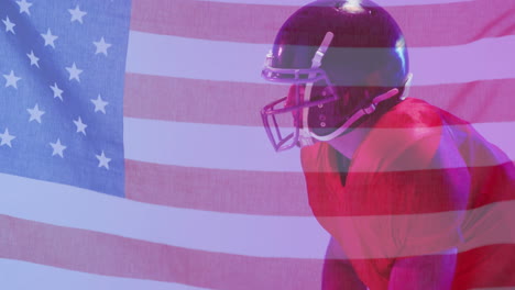 Animation-of-caucasian-american-football-player-kneeling-and-flag-of-usa