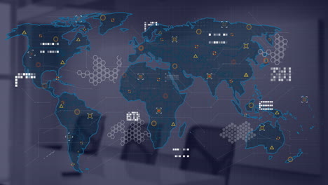 Animación-Del-Procesamiento-De-Datos-Financieros-Y-Mapa-Mundial-Sobre-El-Escritorio-De-La-Oficina