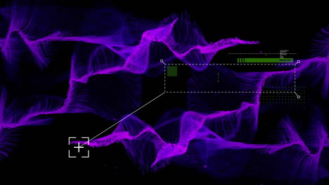 Animation-of-data-processing-over-purple-shapes-on-black-background