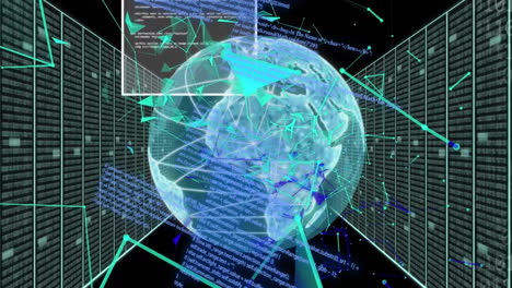 Animación-De-Conexiones-Y-Procesamiento-De-Datos-Con-Globo-Sobre-Servidores-Informáticos-Sobre-Fondo-Negro