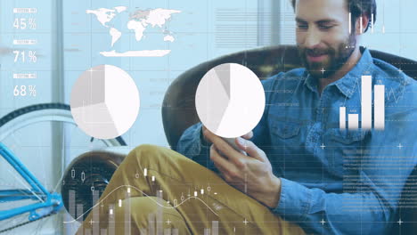 Animación-De-Diagramas-Y-Procesamiento-De-Datos-Sobre-Un-Hombre-De-Negocios-Caucásico-Usando-Un-Teléfono-Inteligente