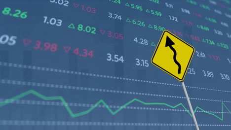 Animation-of-financial-data-processing-over-arrow-on-yellow-road-sign