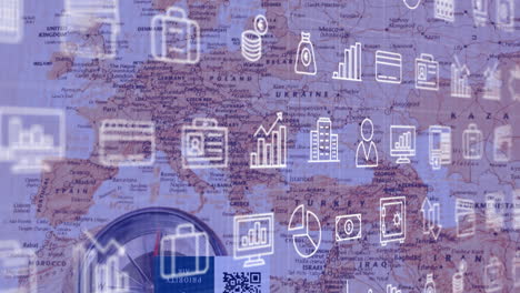 Animación-De-Iconos-De-Negocios-Y-Procesamiento-De-Datos-Financieros-Sobre-El-Mapa-Mundial