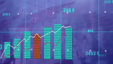 Animation-of-financial-data-processing-over-world-map-and-people-walking