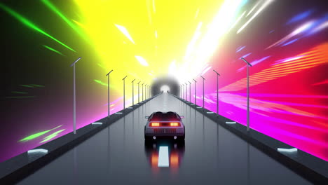 Animación-De-Un-Automóvil-Circulando-Por-Un-Túnel-Con-Estelas-De-Luces-De-Colores-Moviéndose-A-Través-De-él.