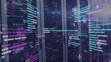 Animation-of-data-processing-with-arrows-over-server-room