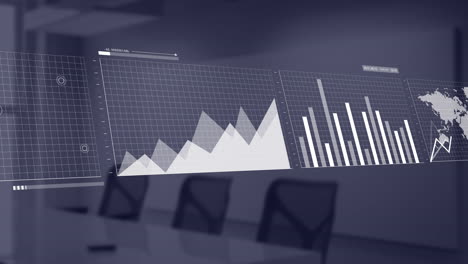 Animation-of-data-processing-and-diagrams-over-empty-office