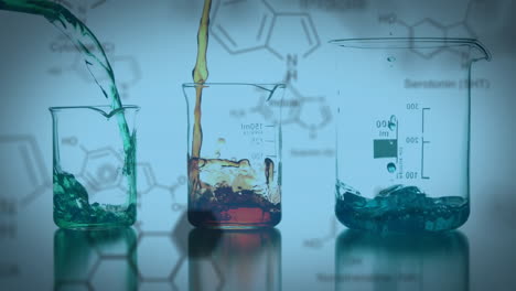 Animation-of-chemical-formula-over-beakers-with-colourful-liquid